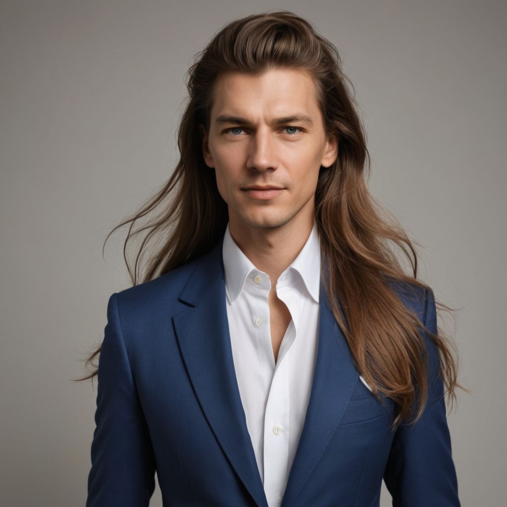 Very Long Hair, Blue Suit, White Shirt, Ladylike Photo Style