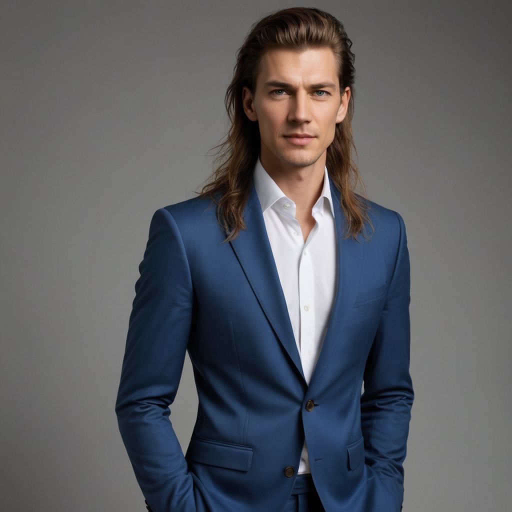 Very Very Long Hair, Blue Suit, White Shirt Photo Style