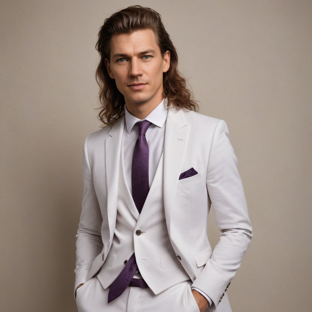 White and Aubergine Suit Long Hair Photo Style