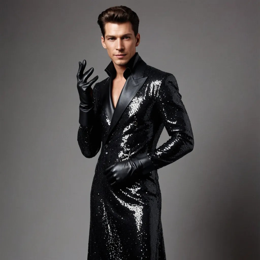 Long Black Sequin Dress, Leather Gloves Photo Style