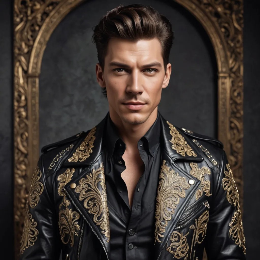 Ornate Leather Jacket, Jewellery, Heavy Makeup Photo Style