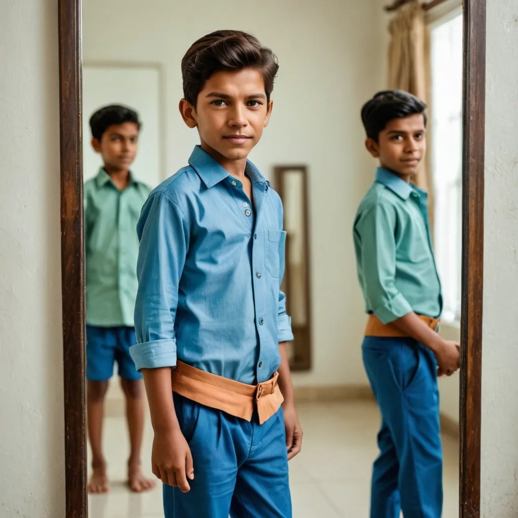 7 Year Old Indian Kid Standing in Front of Mirror Photo Style