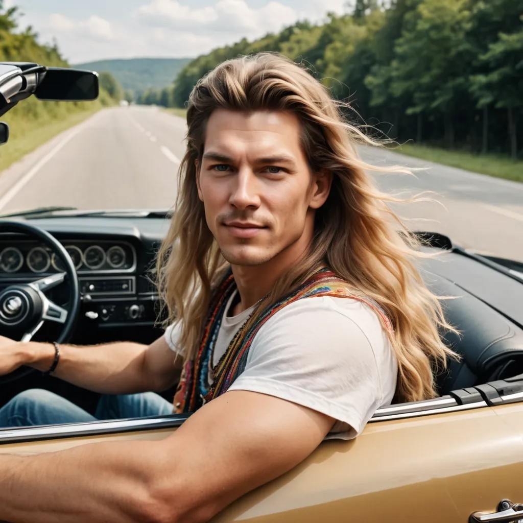 Hippie Driving a Convertible with Long Blond Hair Photo Style