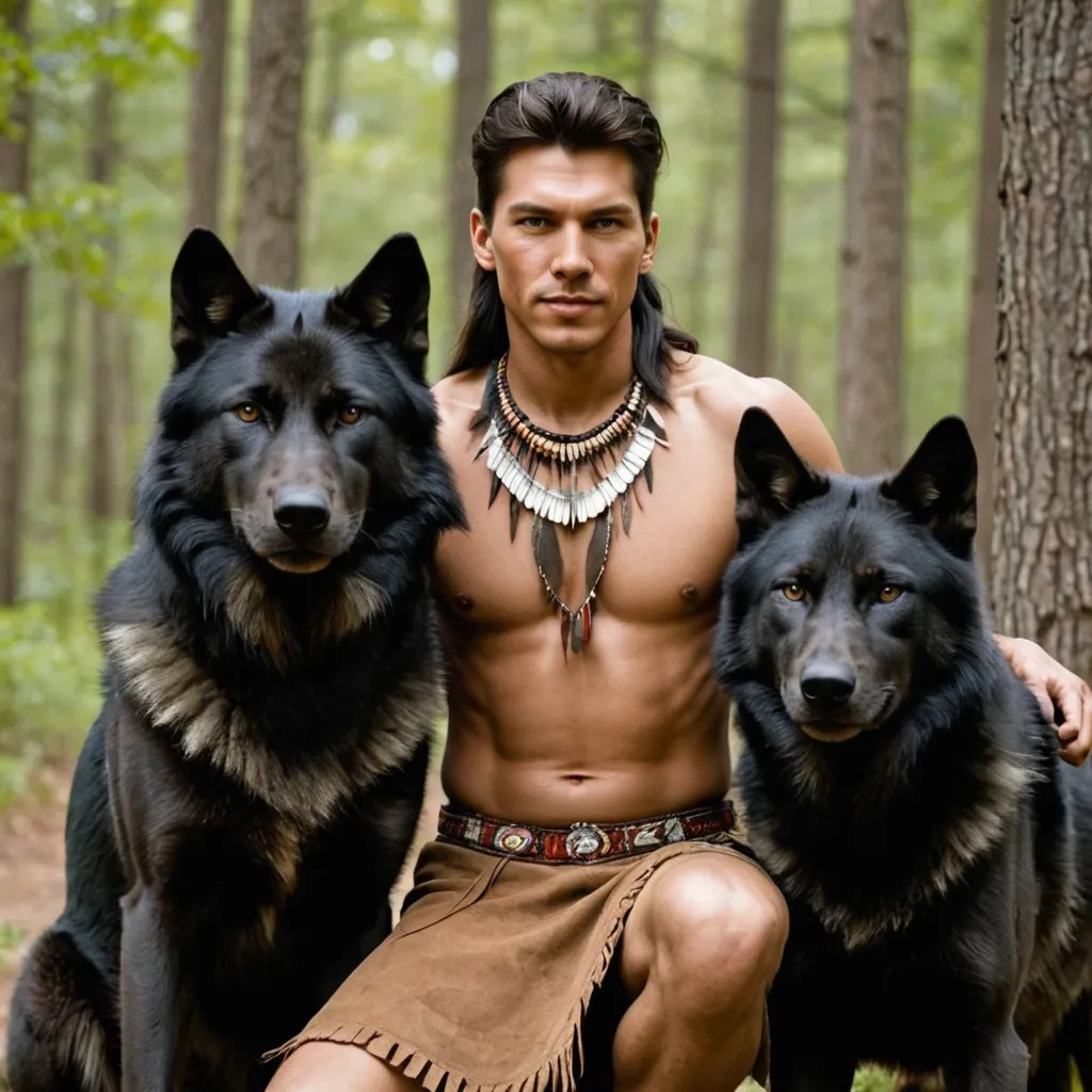 Native American Couple and Black Wolf in Between Photo Style