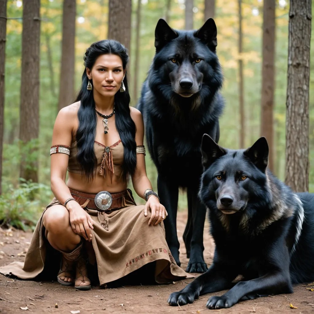 Native American Couple with a Big Black Wolf Aside Photo Style