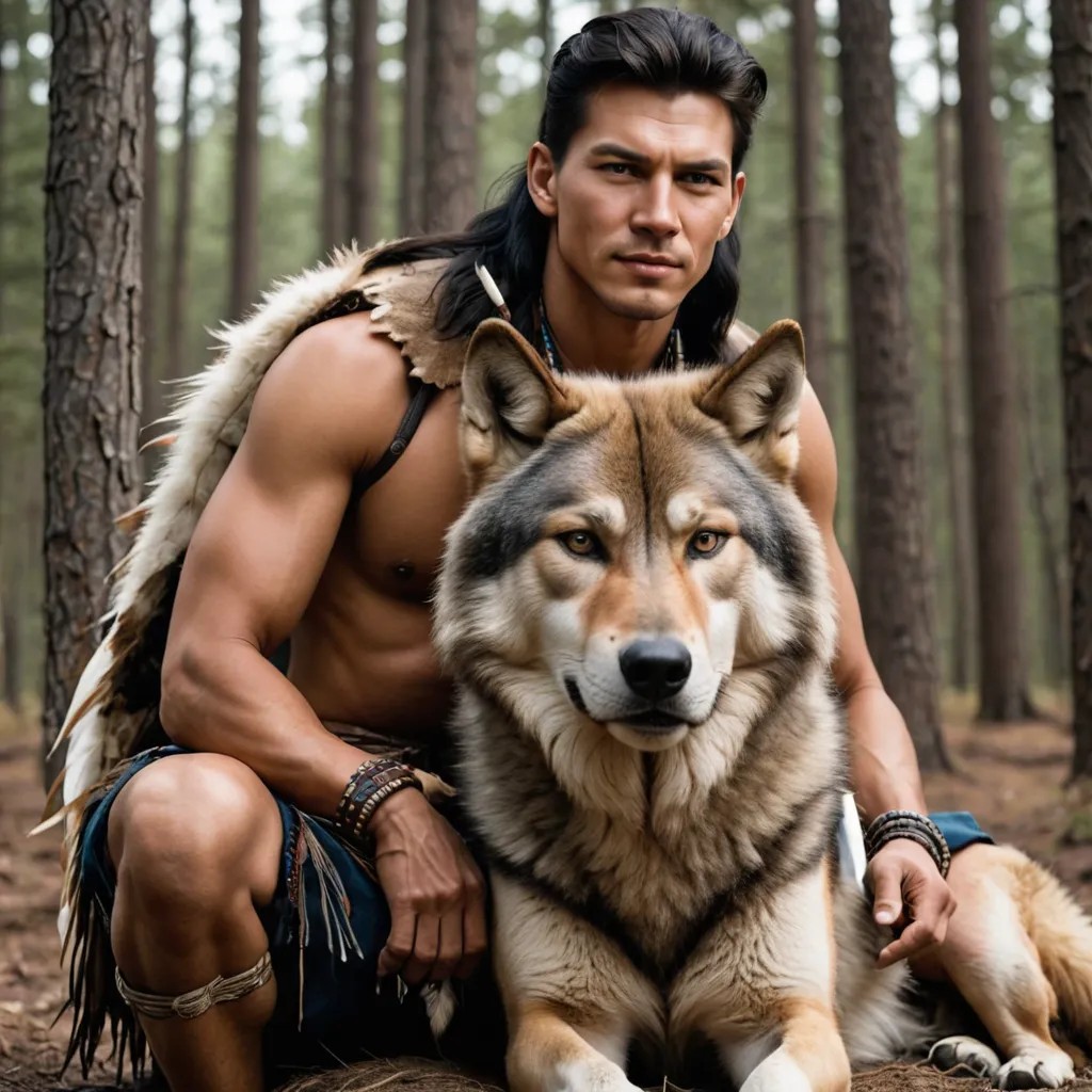 Native American with a Big Wolf Aside Photo Style