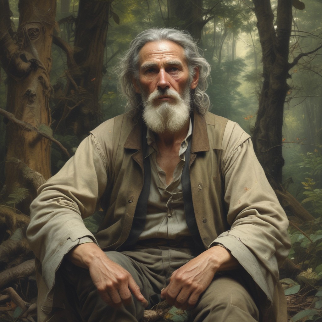 Old Wise Guru in Worn Clothes Sitting in a Forest Photo Style