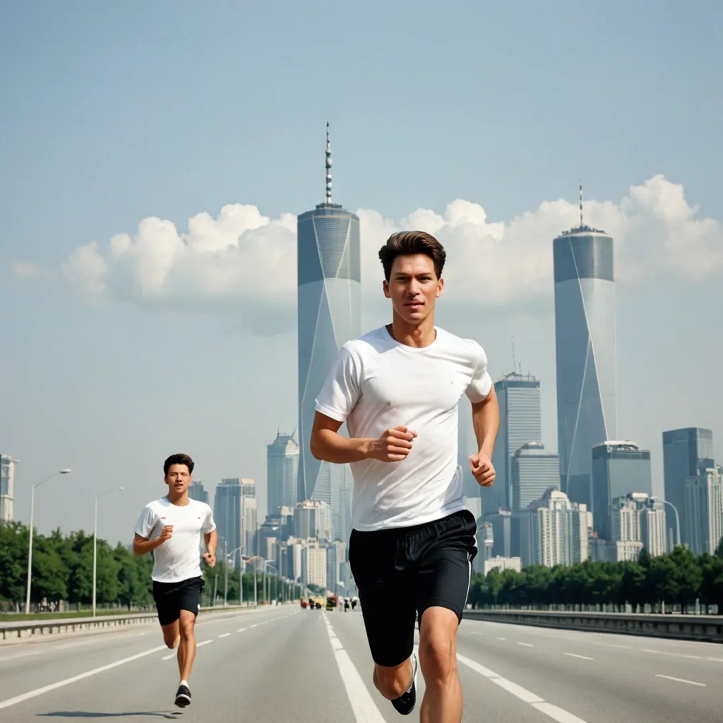 A Young Man Running in the K.L. City with the Twin Towers in K.L. Photo Style