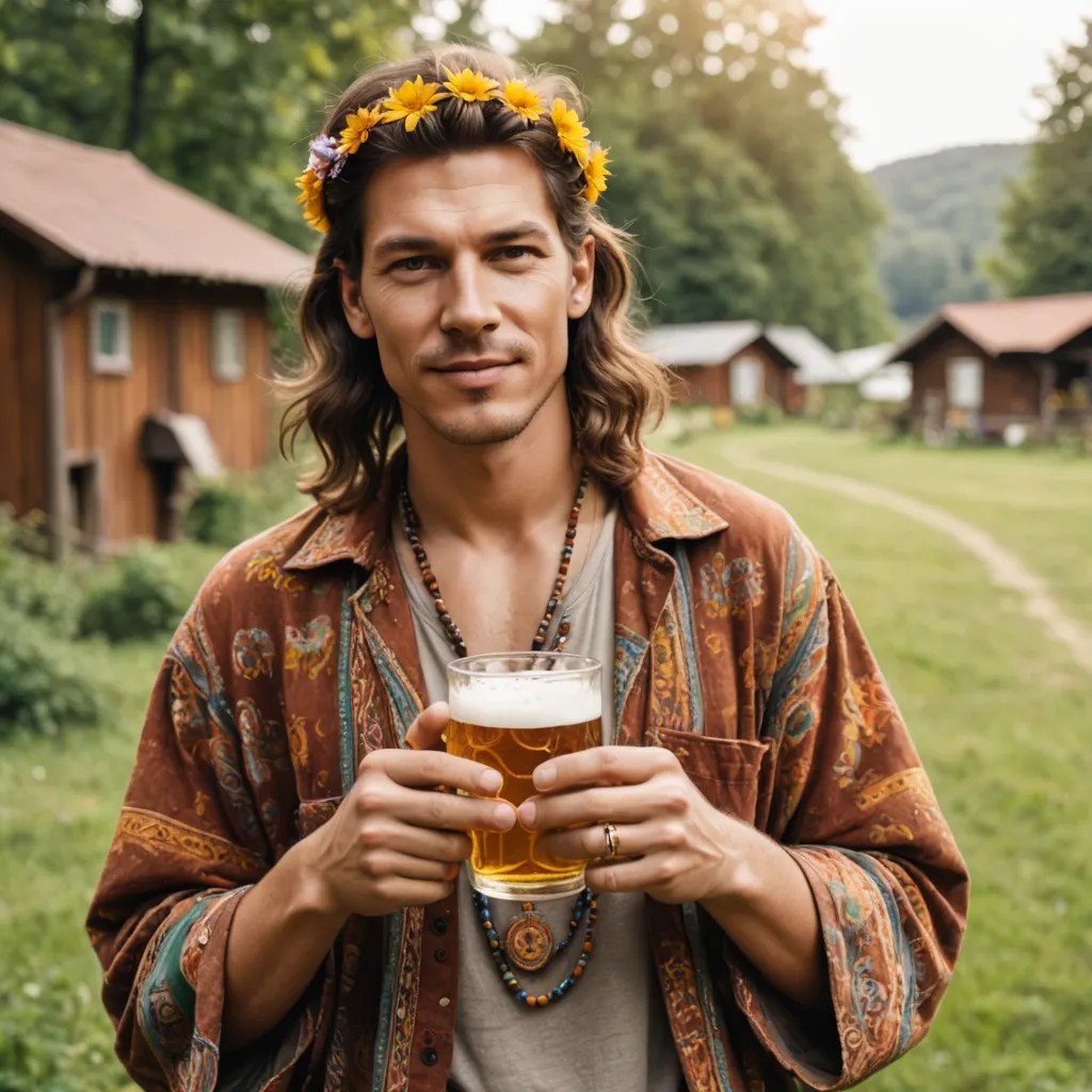 Hippie Holding Glass of Beer Photo Style