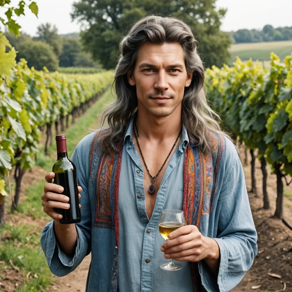 Hippie with Long Gray Hair Holding Bottle of Wine Photo Style