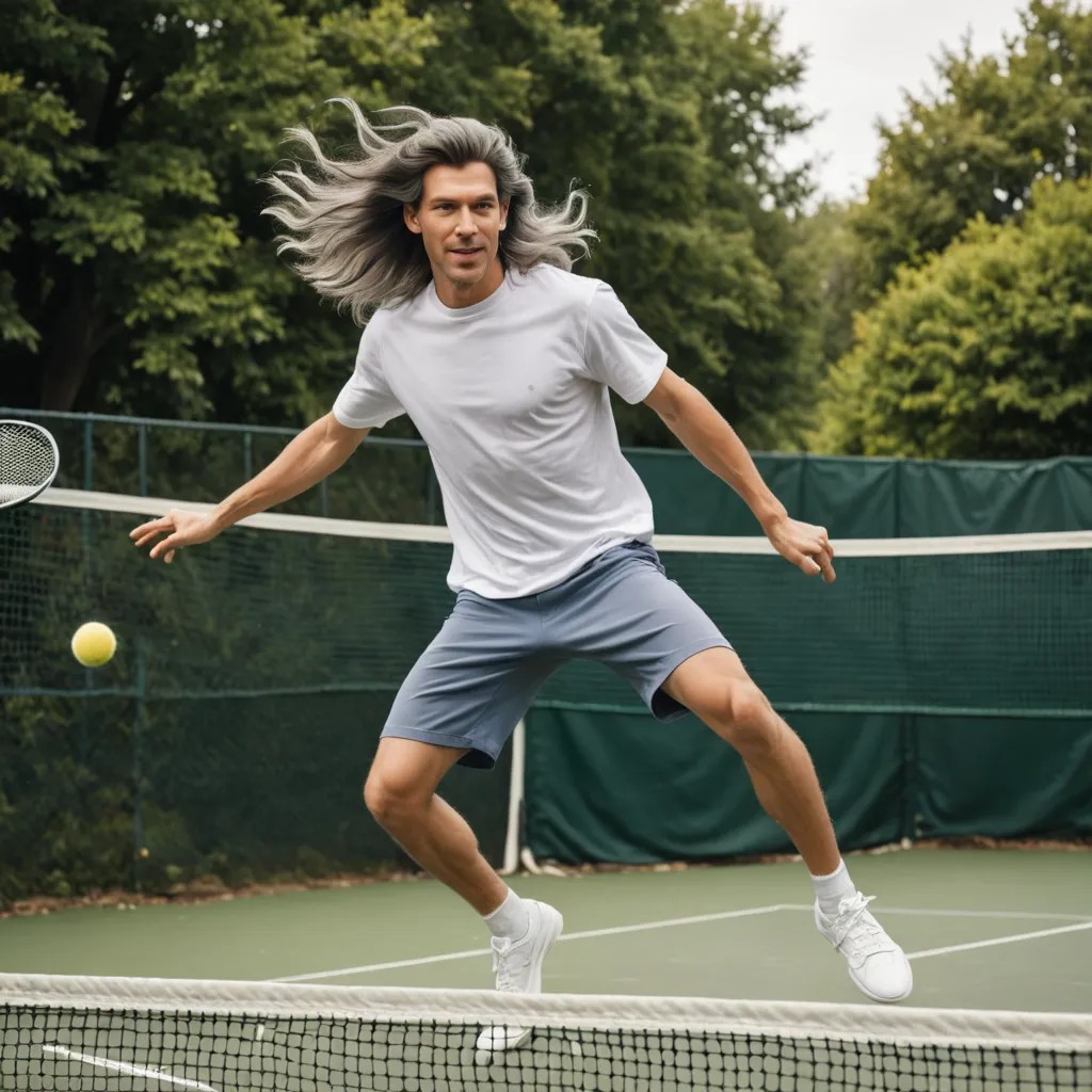 Hippie with Long Gray Hair Jumping Over Tennis Net Photo Style