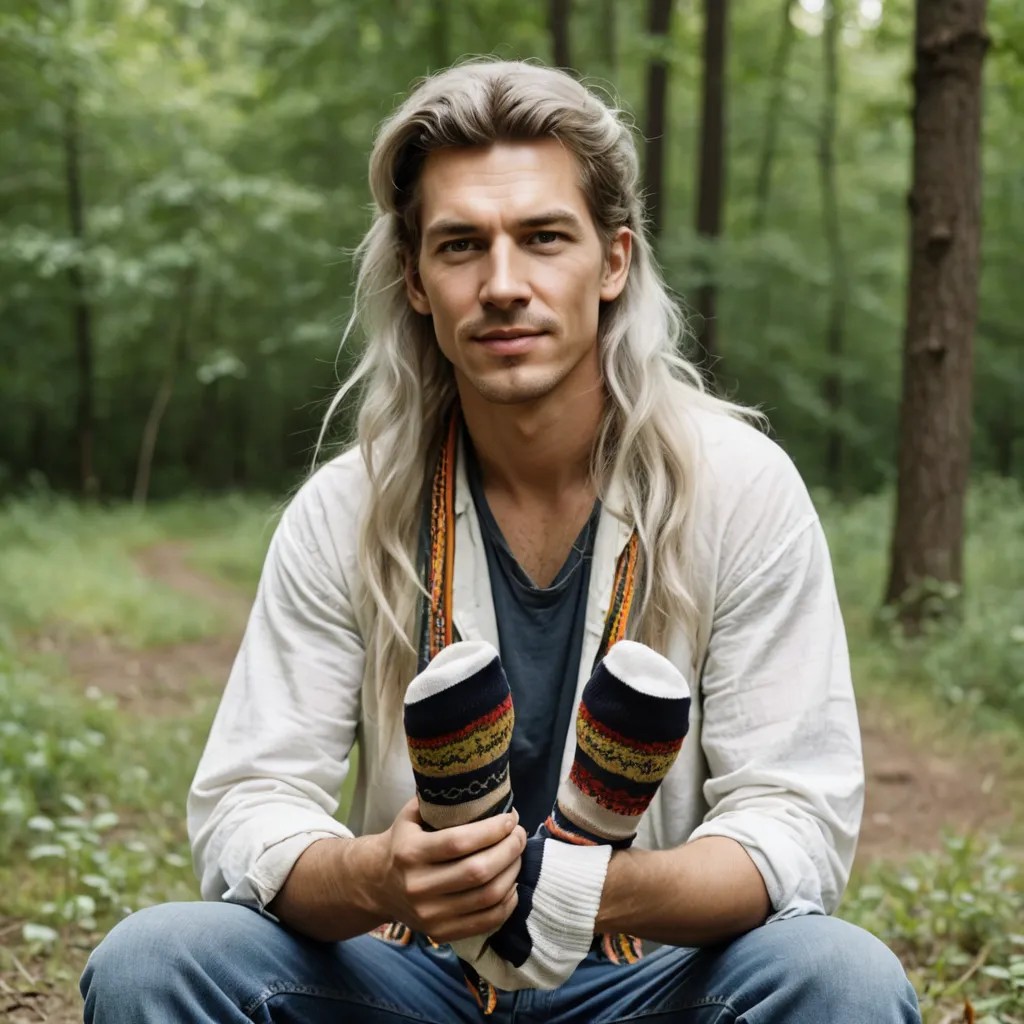 Hippie with Long White Hair Holding Dirty Socks Photo Style