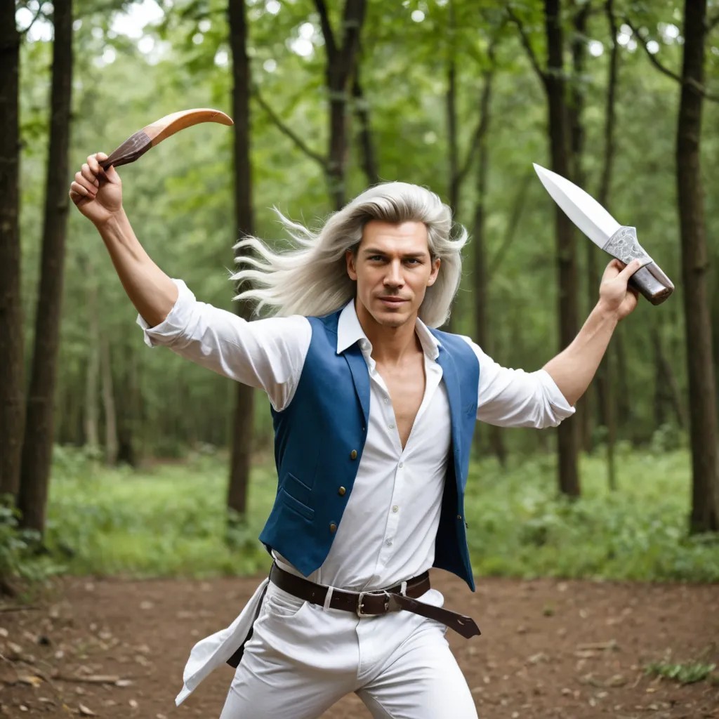 Hunter with Long White Hair Throwing Boomerang Photo Style