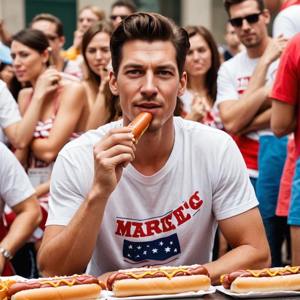Man in Hot Dog Eating Contest Photo Style