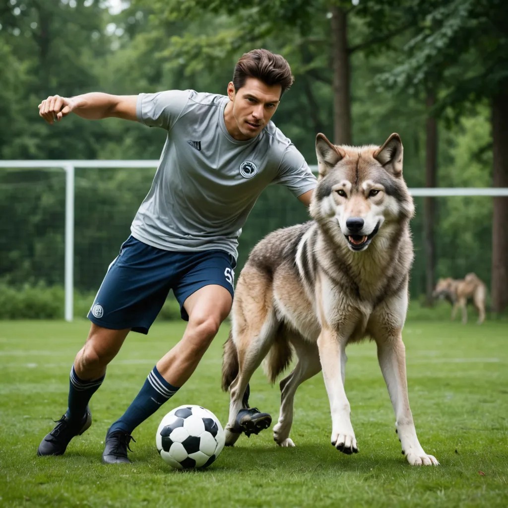 Man Playing Soccer With a Wolf Photo Style