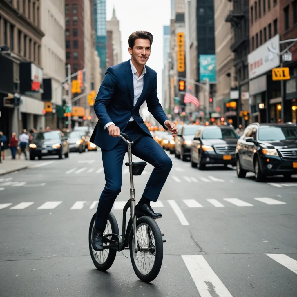 Man Riding a Unicycle Down Broadway in NYC Photo Style