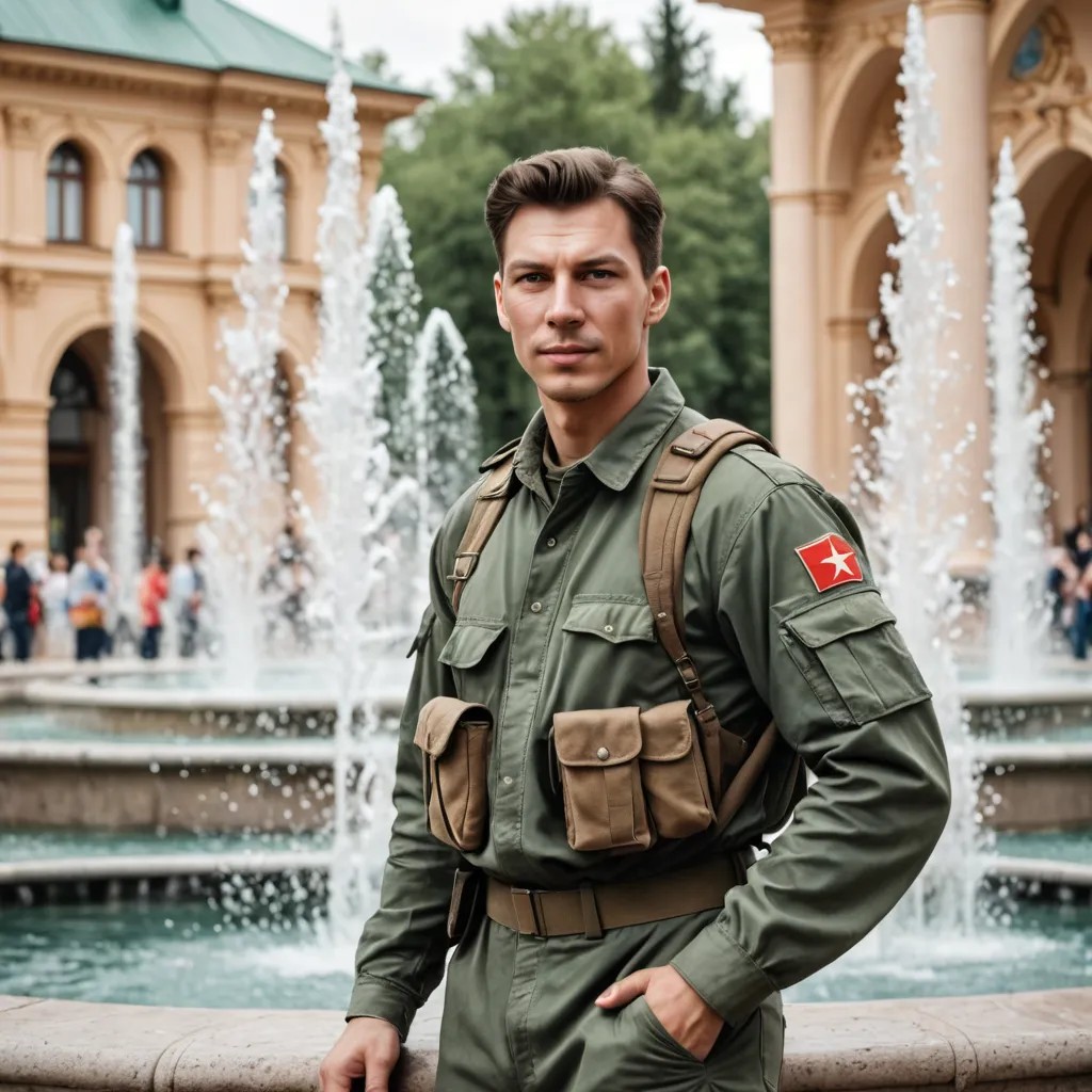 Photo of a Russian Airborne Soldier Near a Fountain Photo Style