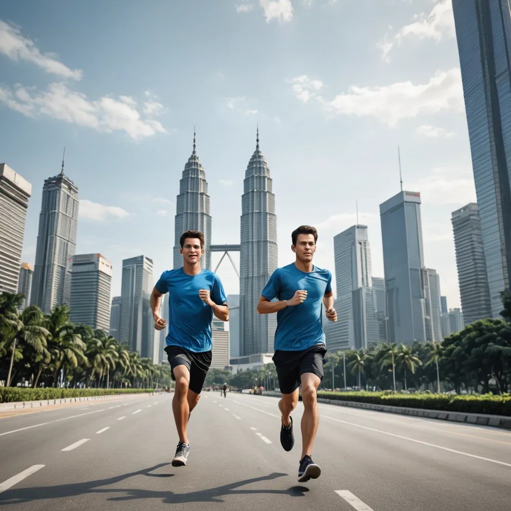 Photorealistic, A Young Man Running, The Background Is In The Twin Towers Kuala Lumpur City Photo Style