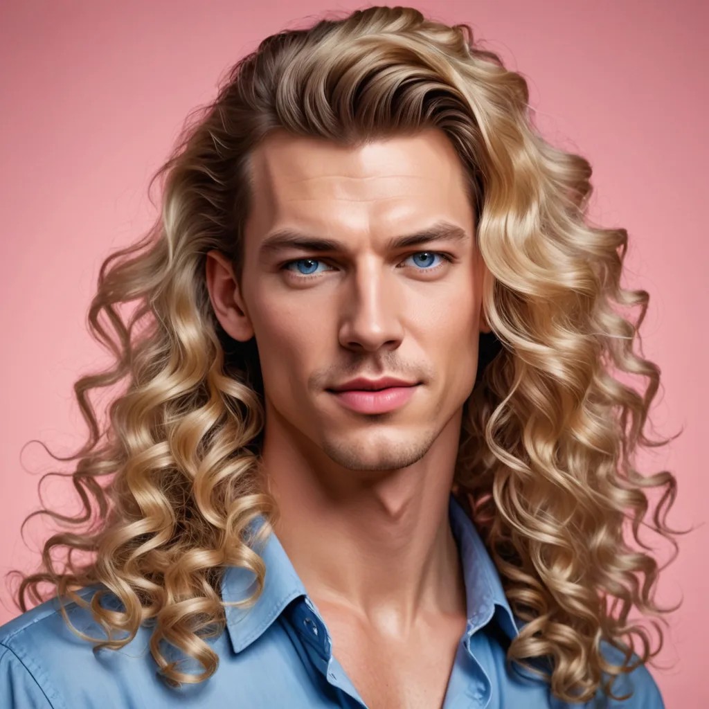 Realistic Color Cartoon Long Blonde Curly Hair and Blue Eye Shadow and Pink Lipstick Photo Style