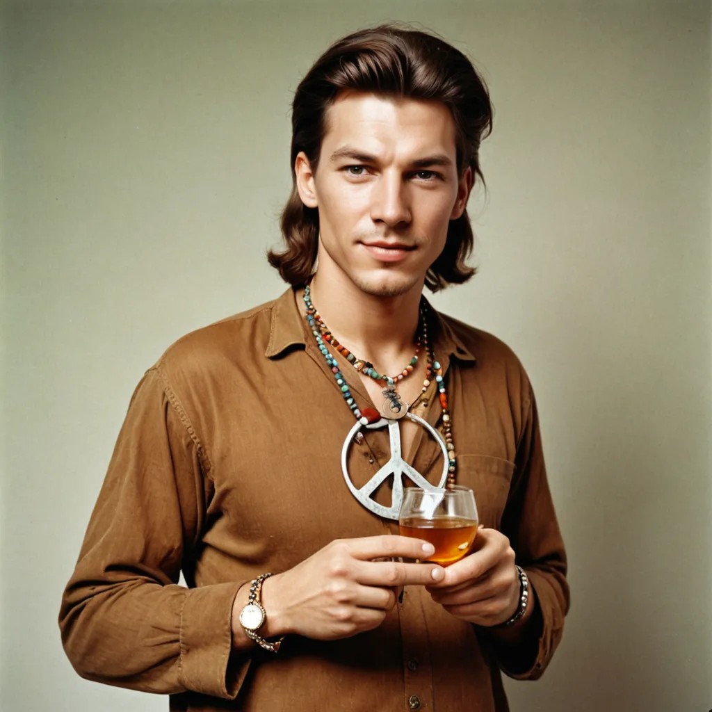 1960s Hippie Holding Brandy Snifter Wearing A Peace Symbol Necklace Photo Style