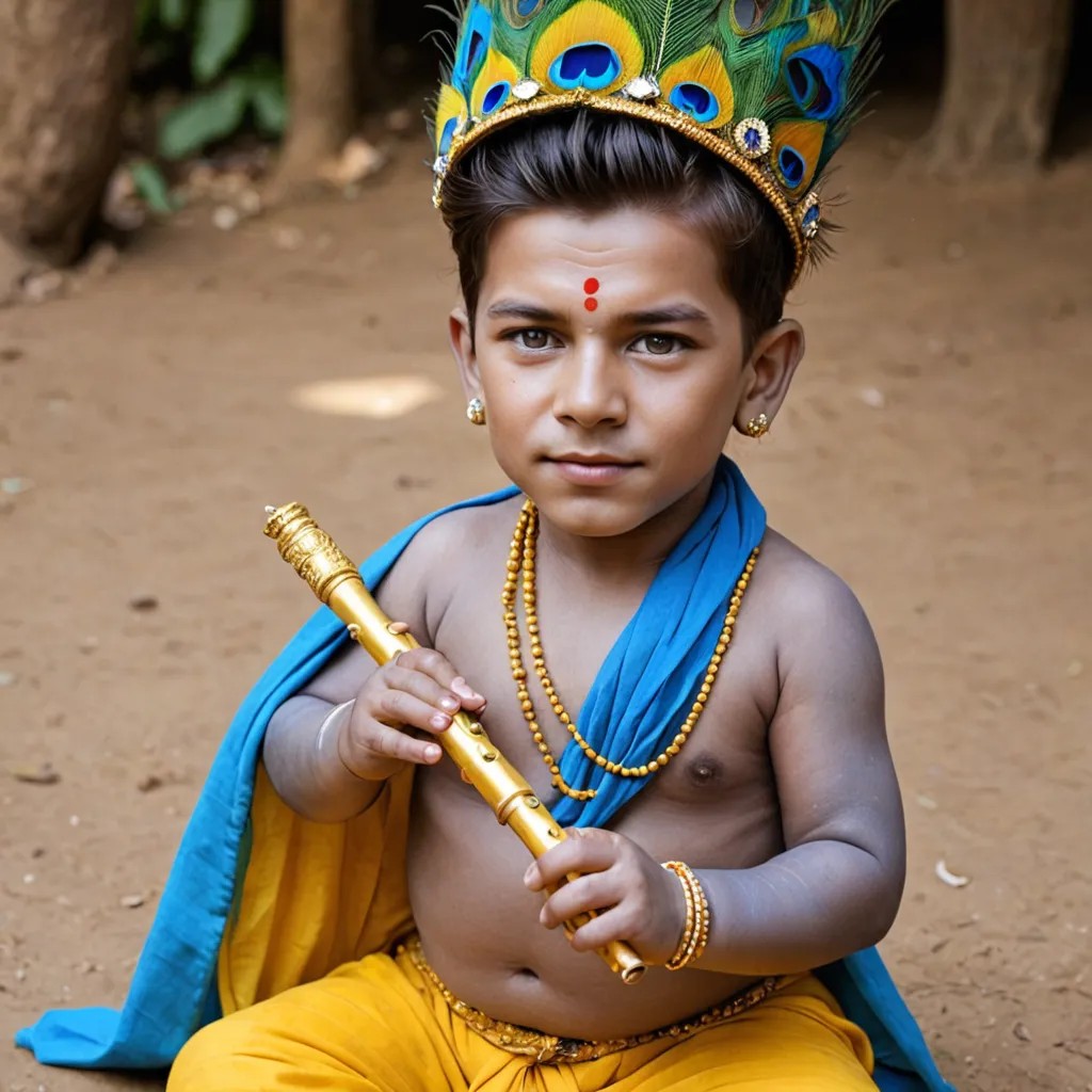 Baby Transformed Into Shree Krishna: Blue Skin, Yellow Dhoti, Peacock Feather Crown, Holding a Flute Photo Style