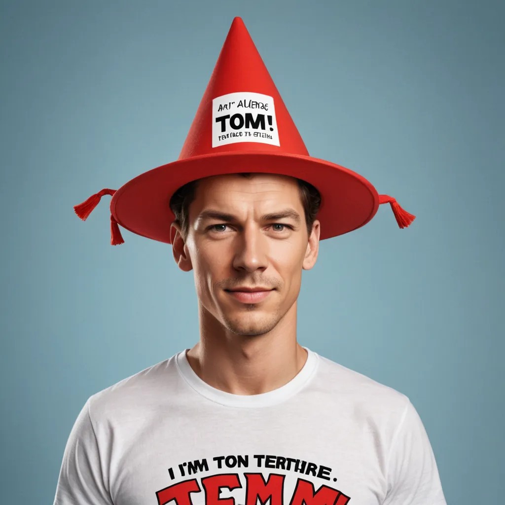 Cartoon Character Wearing a Red Funnel as a Hat and a Shirt That Reads, I’m Tom Terrific! Photo Style