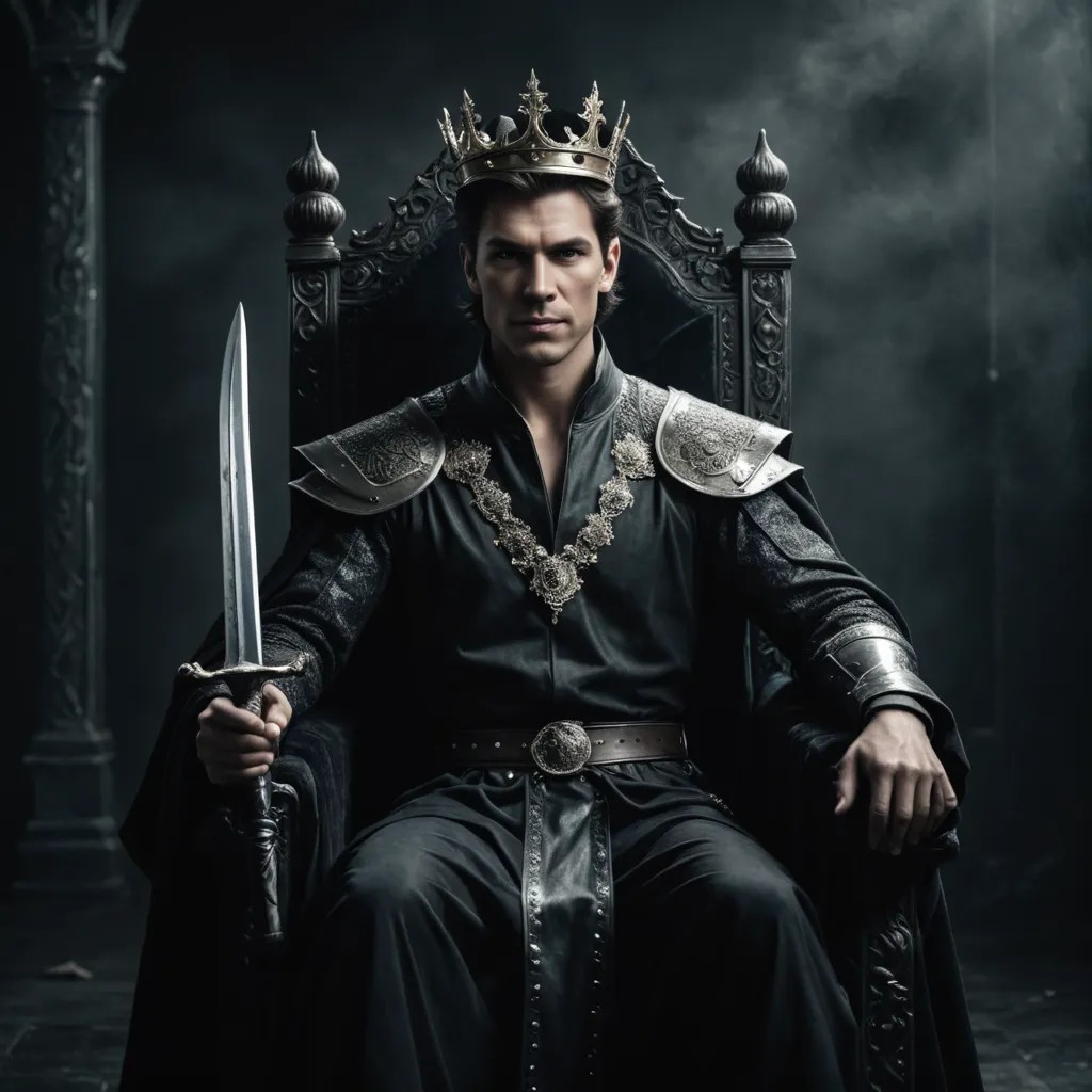 Dark Prince with Sword on a Throne Wearing a Crown Moody and Mystical Photo Style
