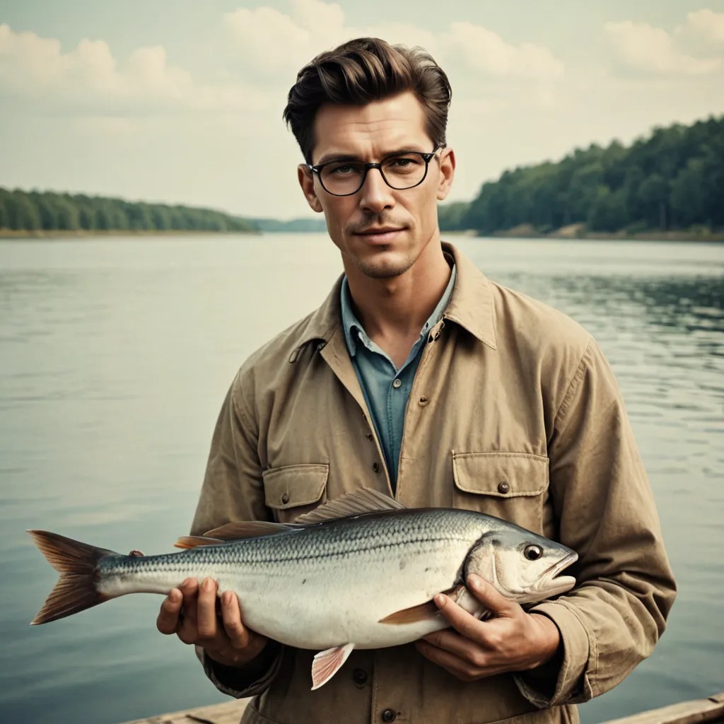 Free Vintage Fisherman Wearing Glasses Holding Fish Photo Style