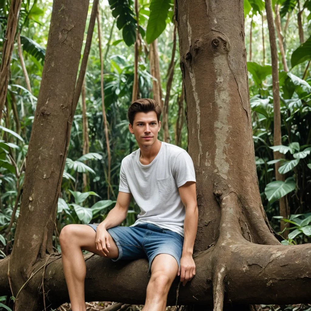 Generate Me a Photo of a Boy Sitting on a Tree in the Jungle Waiting for His Girlfriend Photo Style