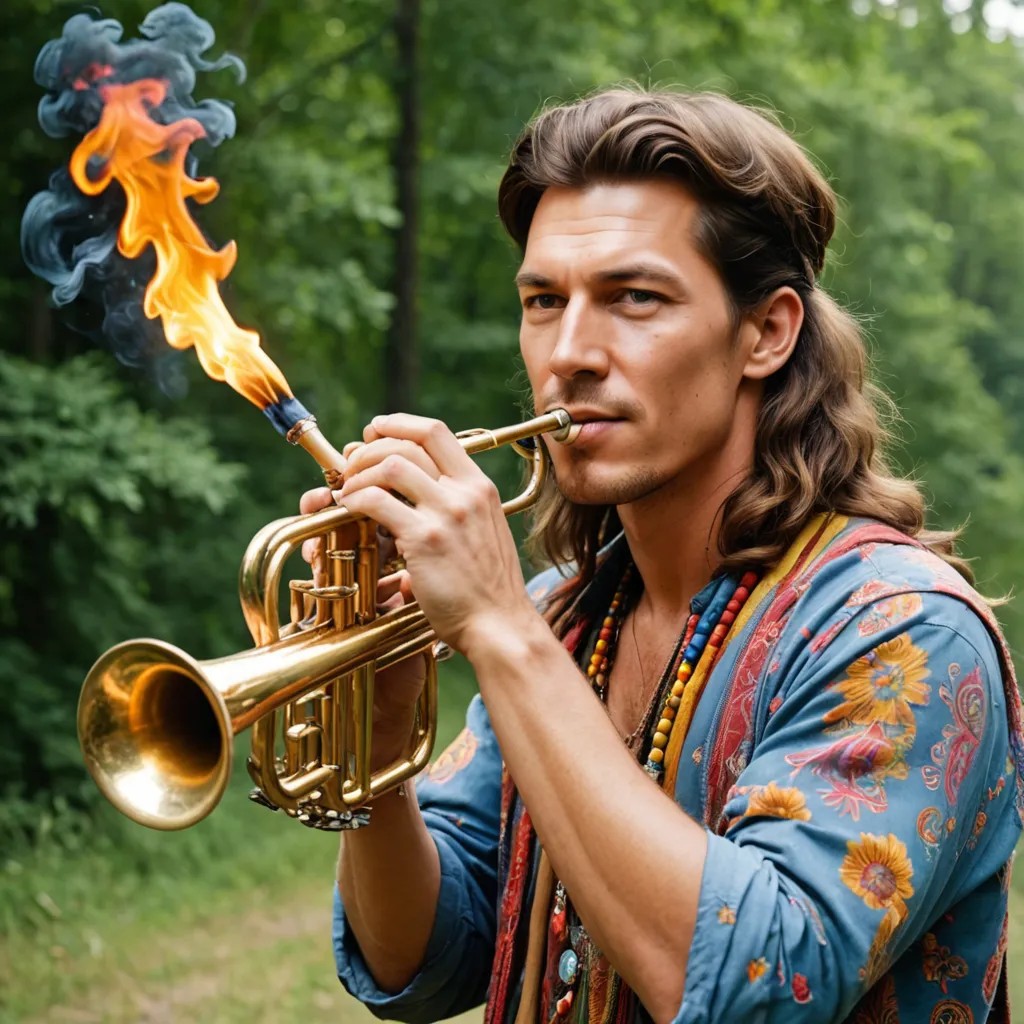 Hippie Blowing Fire Out of a Trumpet Photo Style