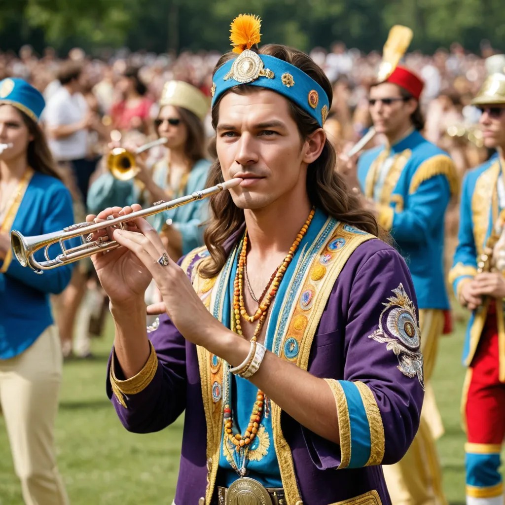 Hippie in Marching Band Playing Flute Photo Style