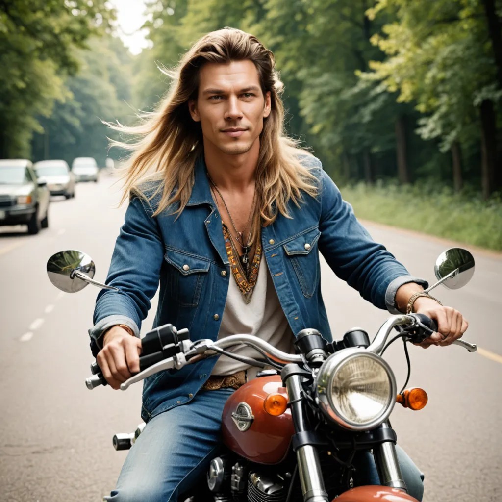 Hippie Riding a Motorcycle with Long Blond Hair Photo Style