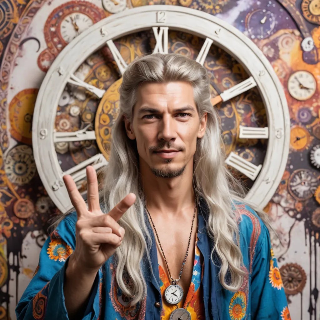 Hippie with Long White Hair and Long Goatee Giving the Peace Sign with Melting Clocks Background Photo Style