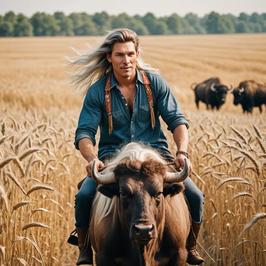 Hippie with Long White Hair Riding a Buffalo Through a Wheat Field Photo Style