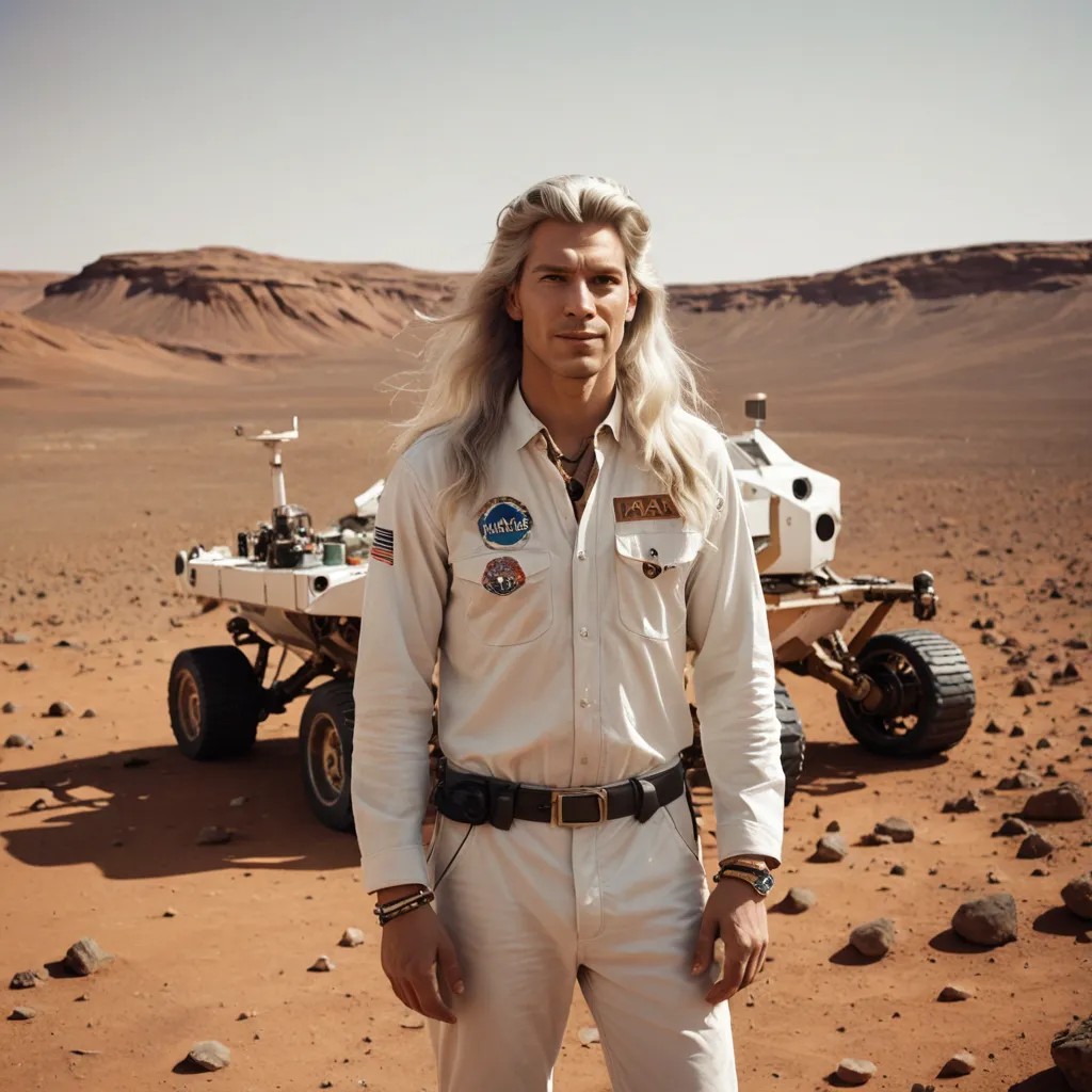 Hippie with Long White Hair Standing on Mars Next to the Mars Rover Photo Style
