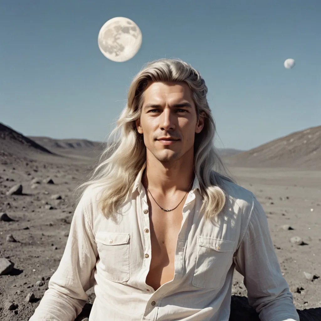 Hippie with Long White Hair Sunbathing on the Moon Photo Style