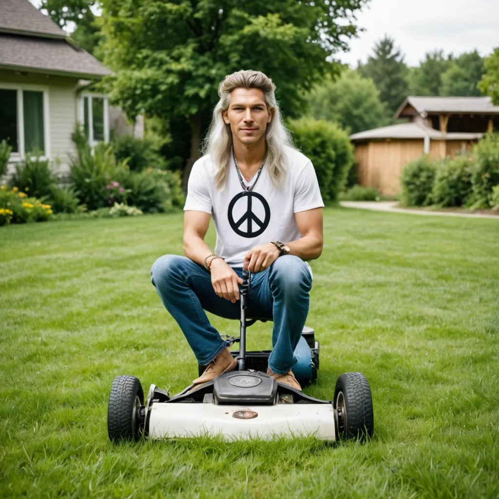 Hippie with Long White Hair Wearing a Peace Symbol Necklace Mowing the Lawn Photo Style