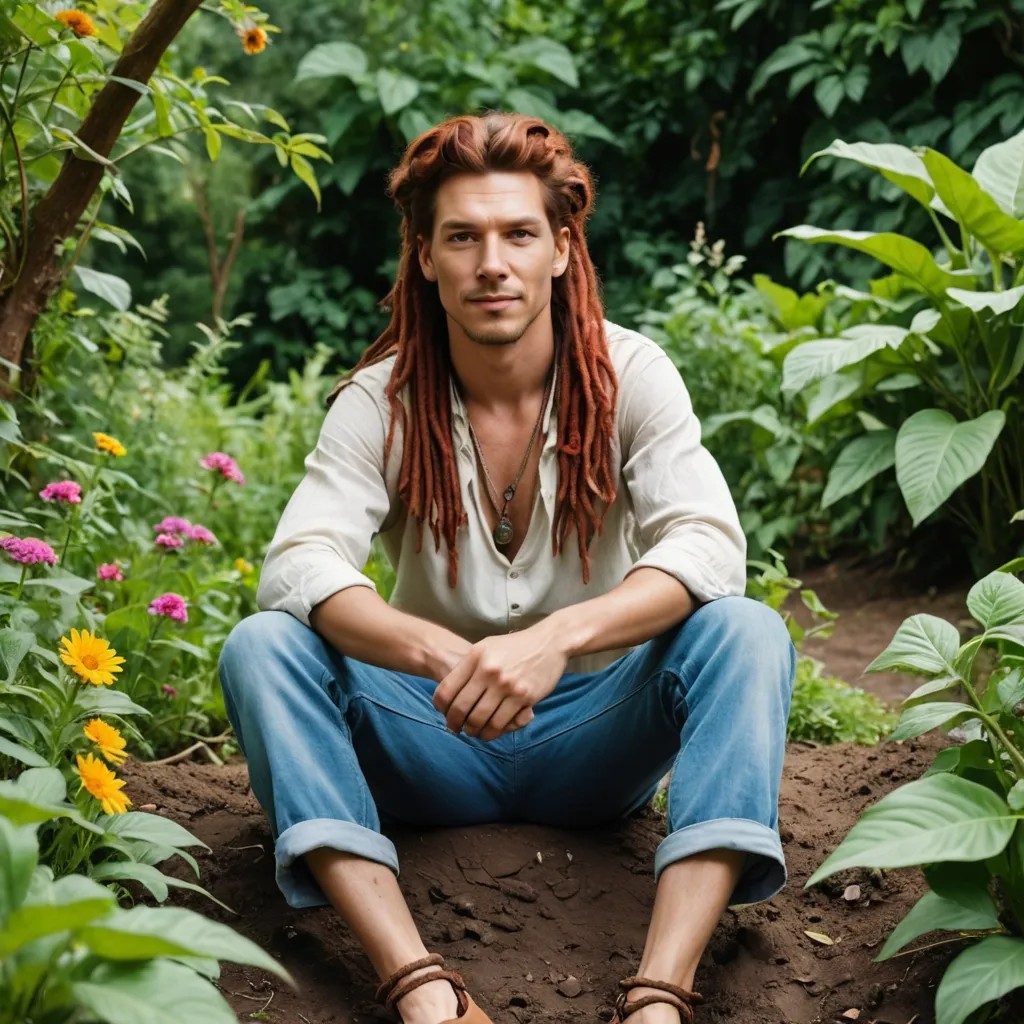 Hippie with Red Dreadlocks Sitting in the Garden of Eden Photo Style