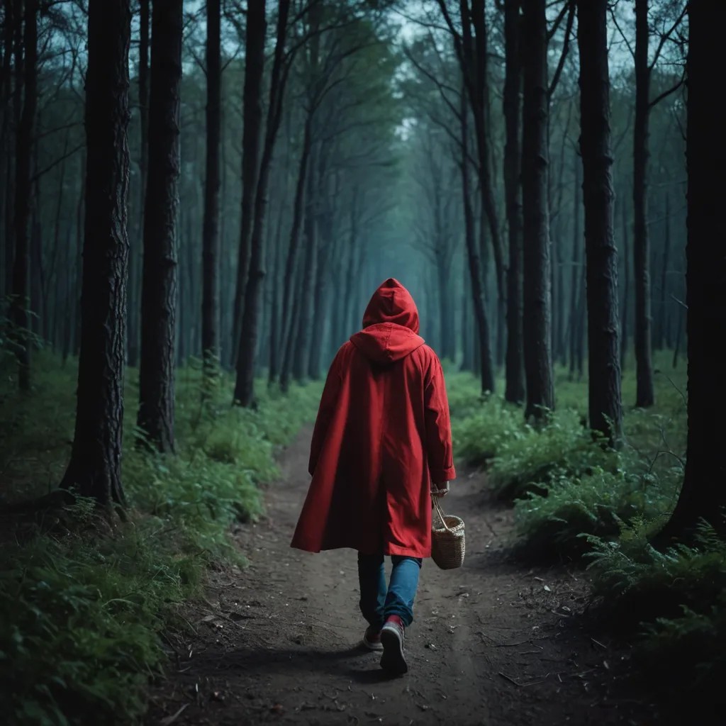 Little Red Riding Hood, Preteen Walking in a Forest at Midnight Photo Style