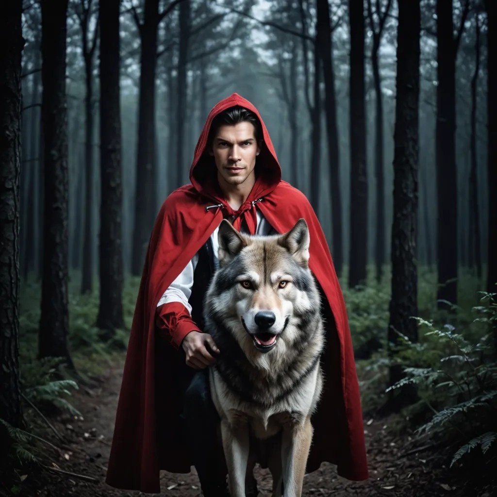 Little Red Riding Hood with Big Bad Wolf in Forest at Night Photo Style