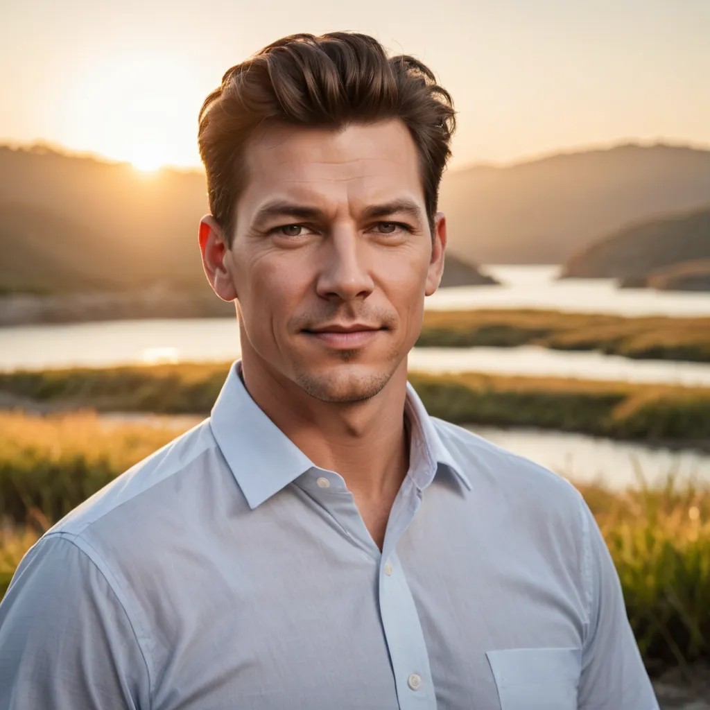 Professional Headshot, Slightly Overweight, 45 Years of Age, Outdoors, Sunrise Photo Style