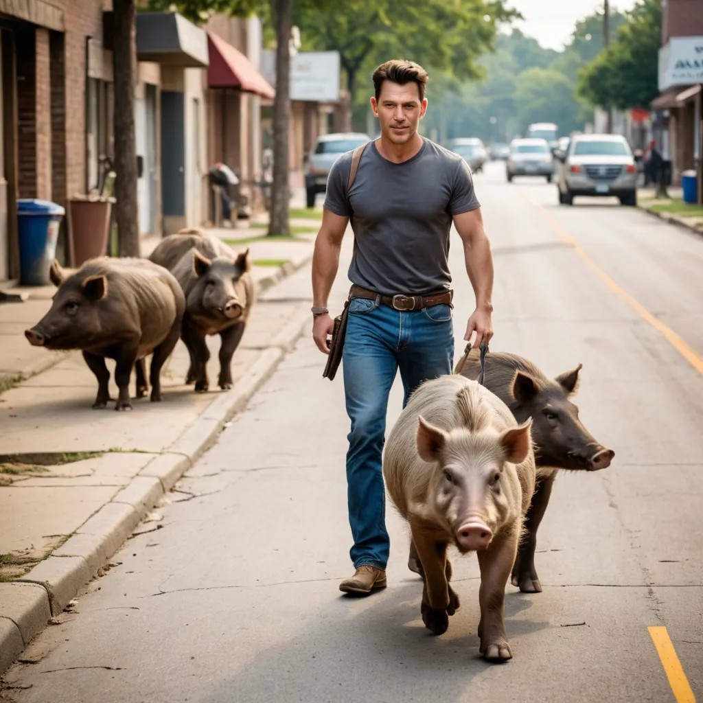 Razorback Hogs Roaming in the Street Photo Style