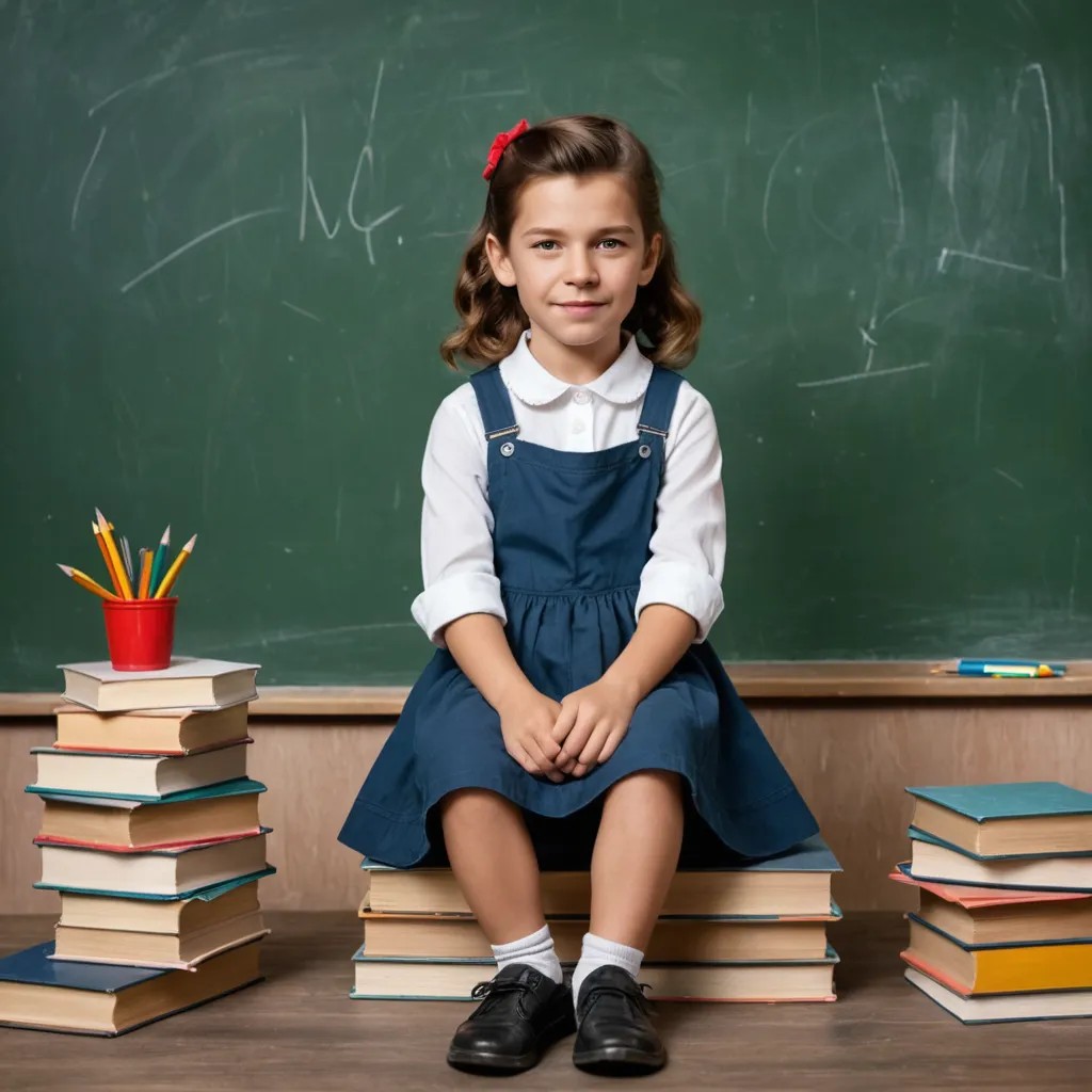 4-Year-Old Girl Sitting on a Small Stack of Books in Front of a School Chalkboard Photo Style