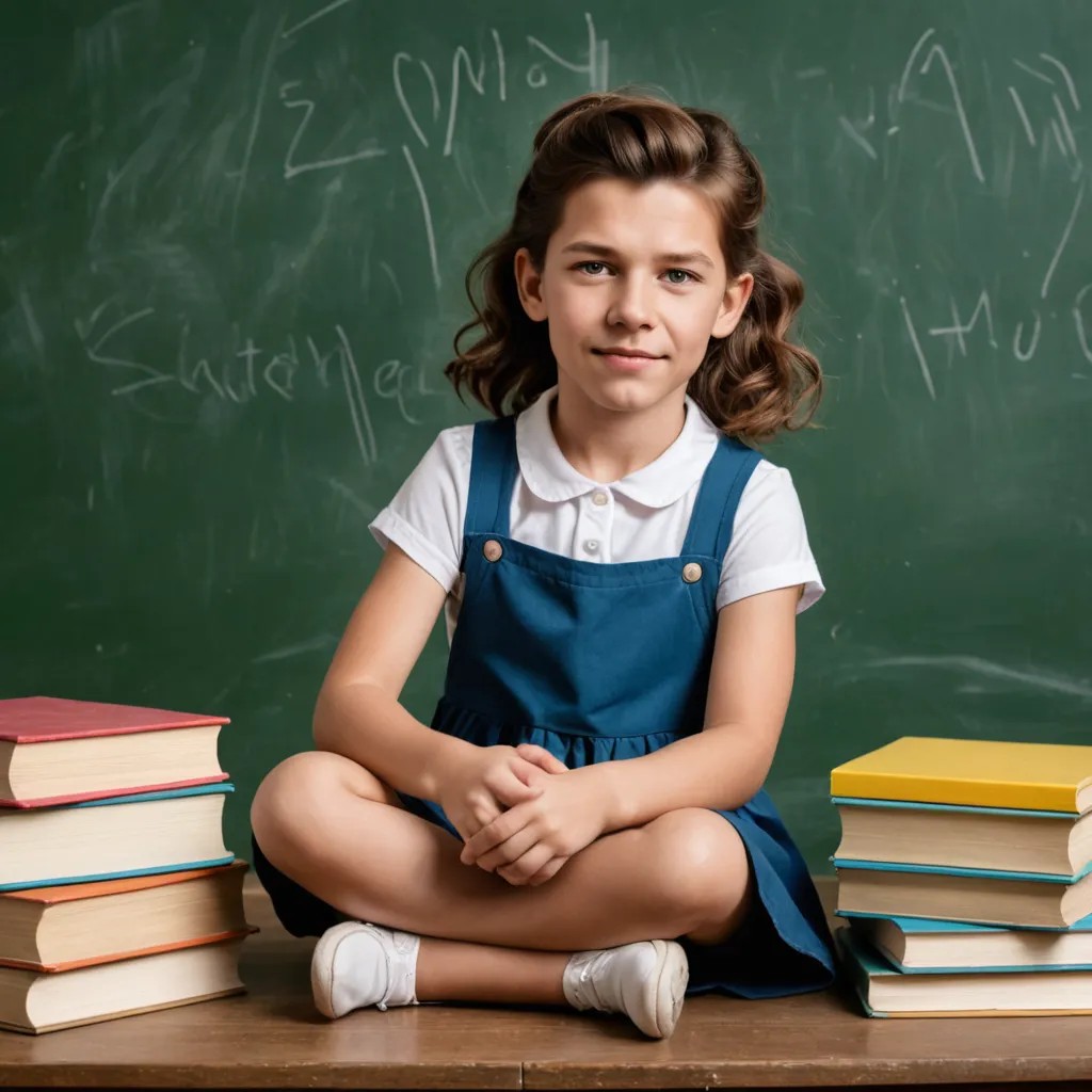 4-Year-Old Girl With Brown Hair Sitting On A Small Stack Of Books In Front Of A School Chalkboard Photo Style