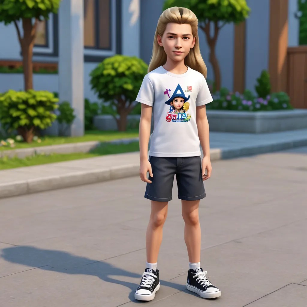 8 Year Old Chinese Girl, with Long Blonde Hair, Wearing Skate Shoes, Sims 4 Model, 3D Photo Style