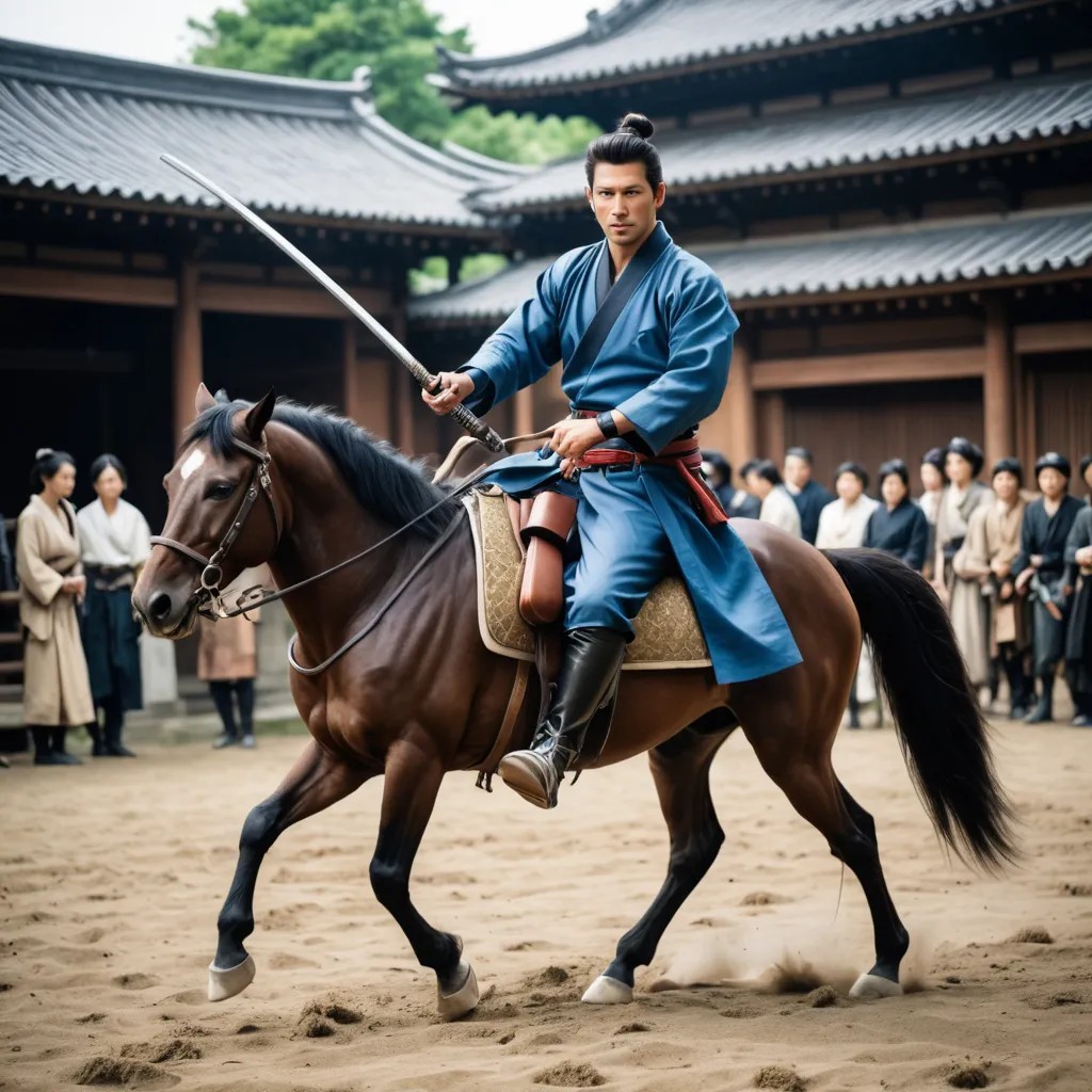 A Samurai with a Leather Horse Whip Drives People Away Photo Style