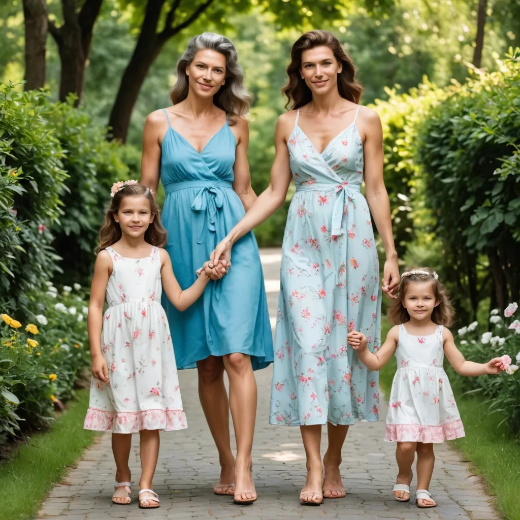 Beautiful Older Lady with 2 Young Daughters All in Sundresses Holding Mommy’s Hands Photo Style