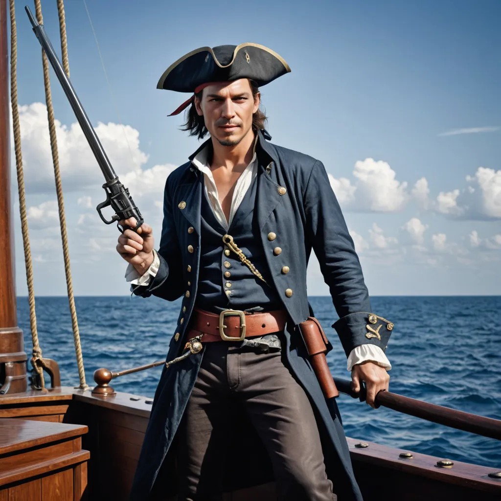 Create the image of a pirate at sea on a ship with a saber and a revolver Photo Style