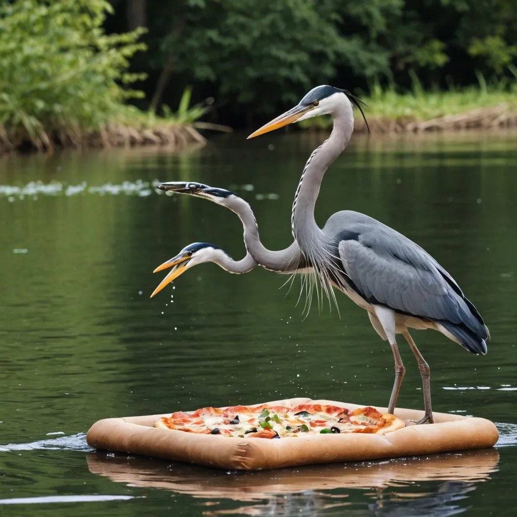 Feeding pizza to a heron floating on a raft Photo Style