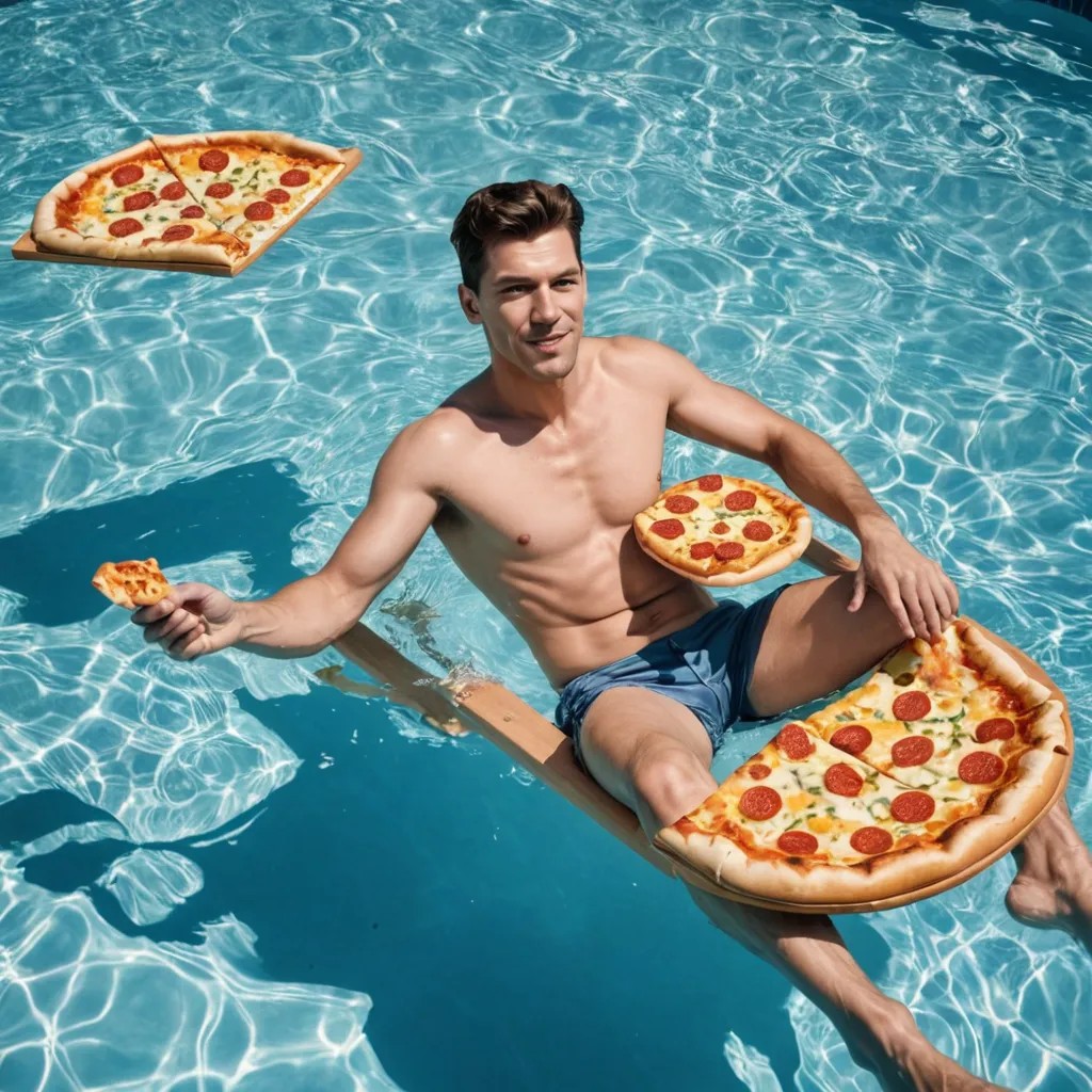 Floating on a Raft in a Swimming Pool Eating Pizza Photo Style